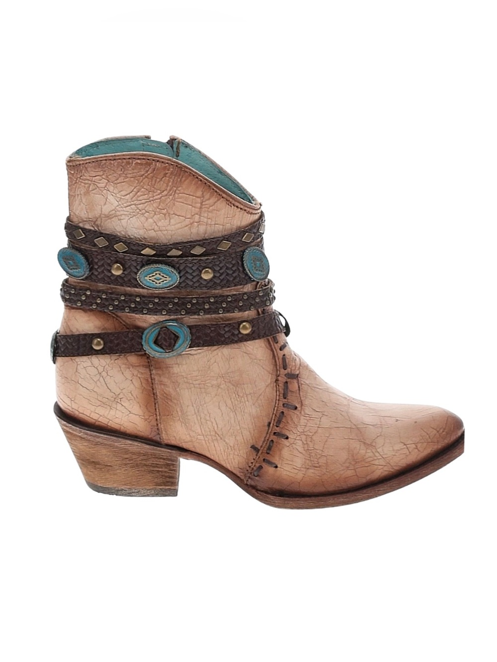 Corral Women's Leather Turquoise Embroidery, Conchos and Harness Ankle Boot